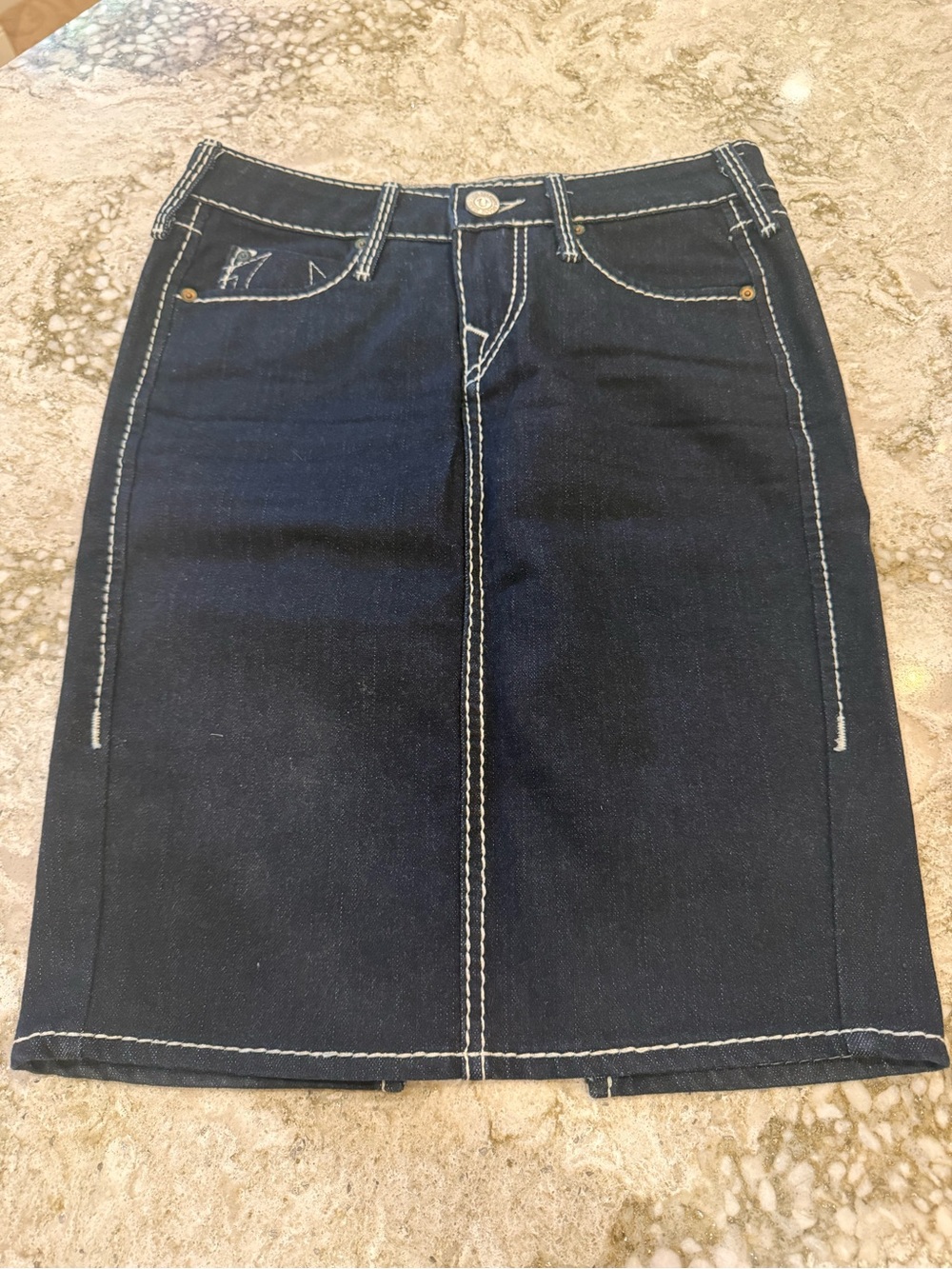 True Religion Dark Indigo Denim Pencil Skirt with Contrast Stitching